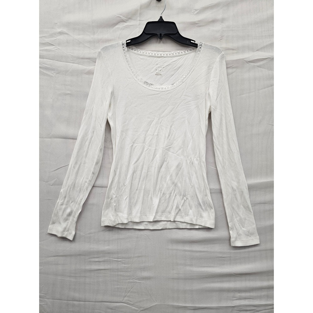 A New Day Womens White Ribbed Long‎ Sleeve Scoop Neck Lace Trim Top Small NWT